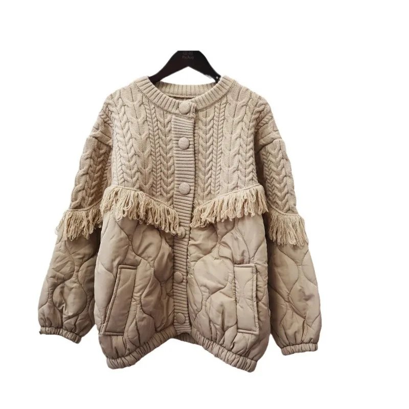 

Tassel Spliced Knitted Cardigan Autumn Winter 2023 New Loose Lazy Style Women Sweater Jacket Coat TREF