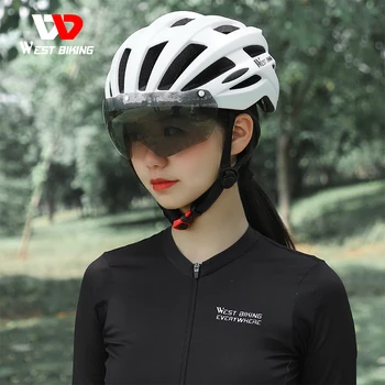 WEST BIKING 남녀공용 사이클링 헬멧, 미등 고글 장착, 도로 MTB 자전거 헬멧, 선 바이저 렌즈, 전자 자전거 오토바이 헬멧 상품 이미지