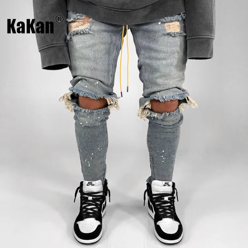 

Kakan - Holes, Slim Fitting, Painted Men's Jeans, New Pants In Europe and America, Black Jeans K016-1973