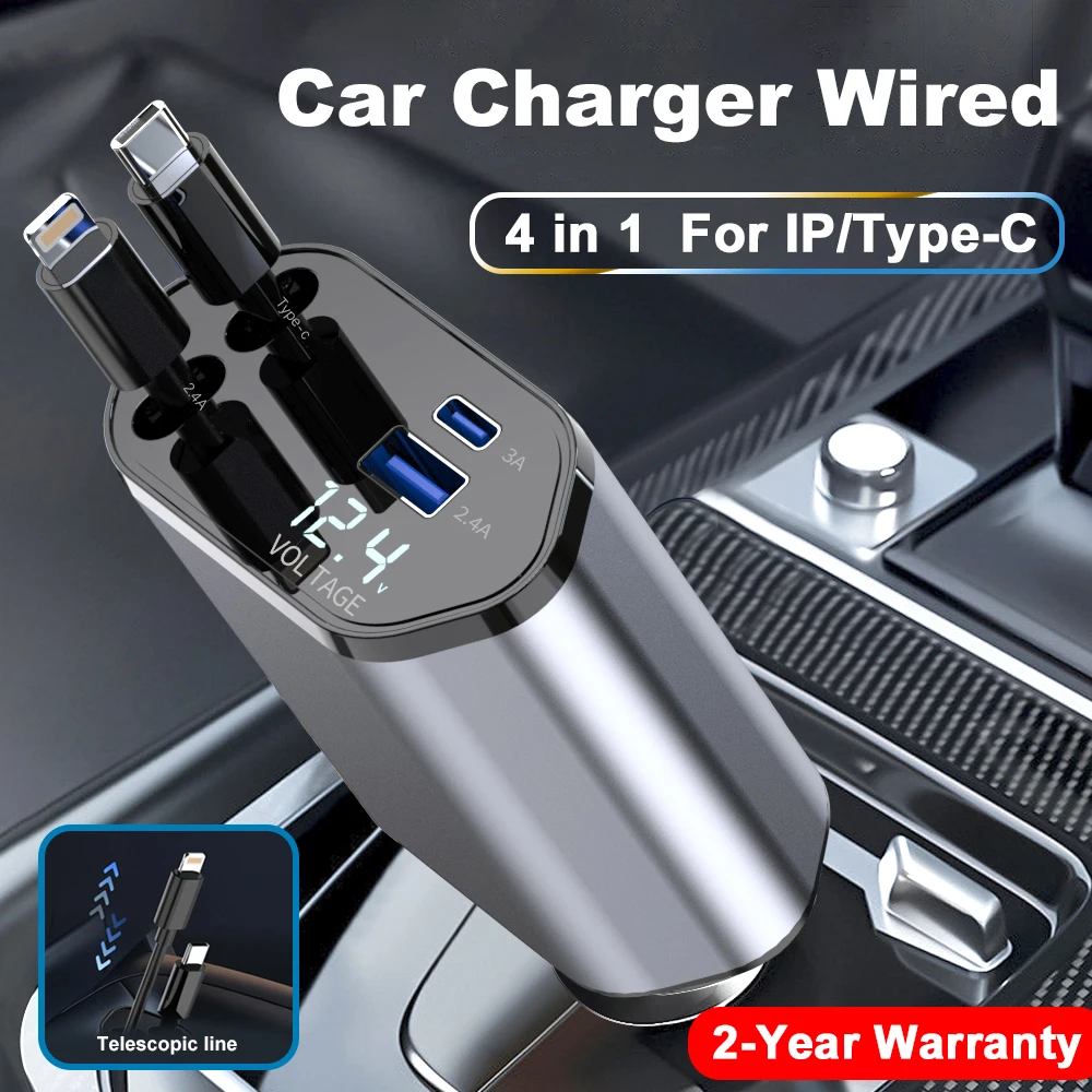 

Car Charger Wired 4 in 1 Retractable 120W for iPhone Samsung Xiaomi iPad USB C Cable for IP/Type-C Super Fast Charging Adapter