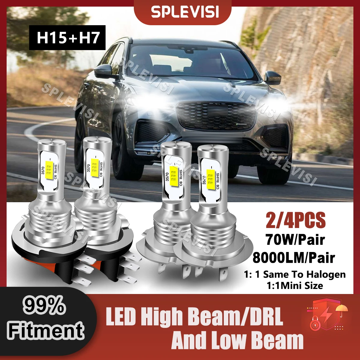 

4x Car LED H15 High Beam/Daytime Running Light+H7 Low Beam 8000LM/Pair For Jaguar F Pace X761 2017 2018 2019 2020 2021 2022 2023