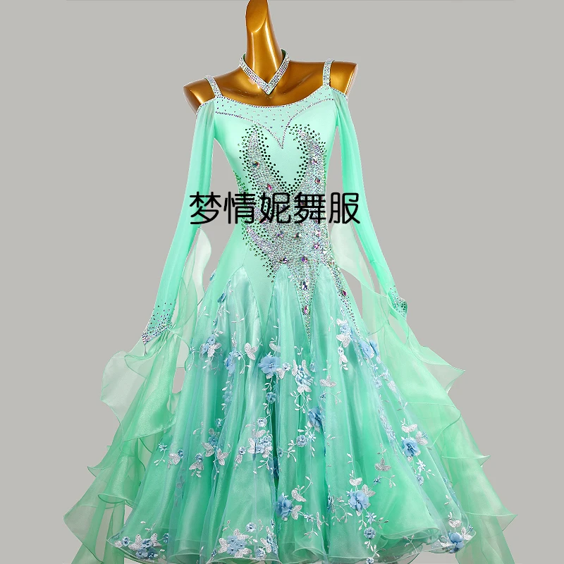 

New Modern Dance Competition Costume Big Hem Ribbon Diamond Dress Ballroom National Standard Waltz Dancing Performance Outfits