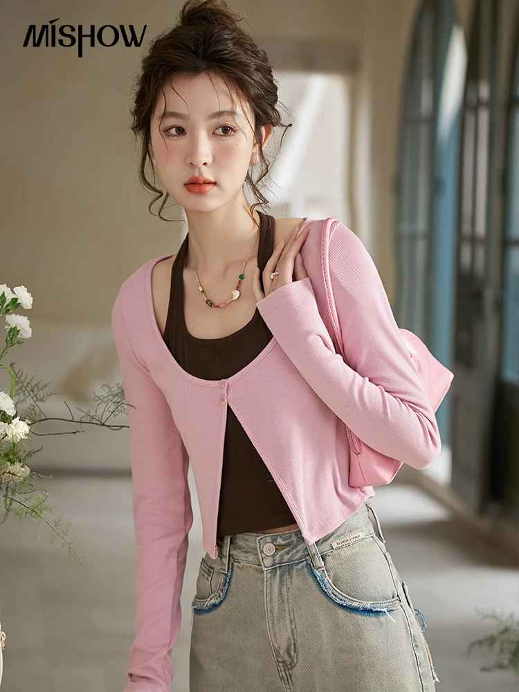 

MISHOW Fake Two Pieces Hanging Neck Cardigan Top for Women Spring 2024 Casual Patchwork Long Sleeve Contrast T-shirt MXD12Z0525