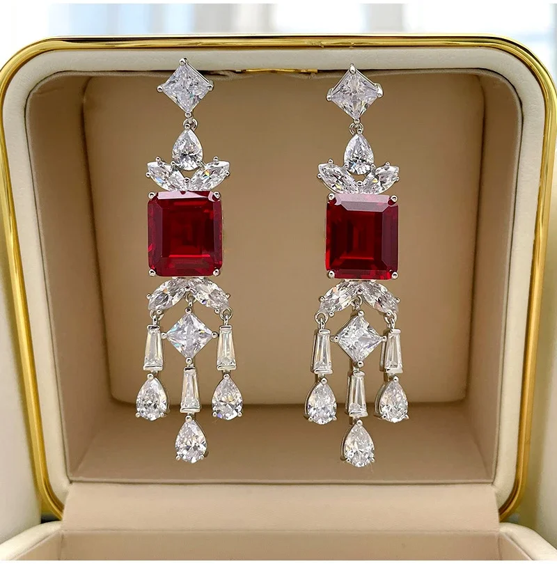 

Pigeon Blood Red Treasure Earrings European and American Fashion Earrings 925 Sterling Silver Fashion Engagement Women's Jewelry