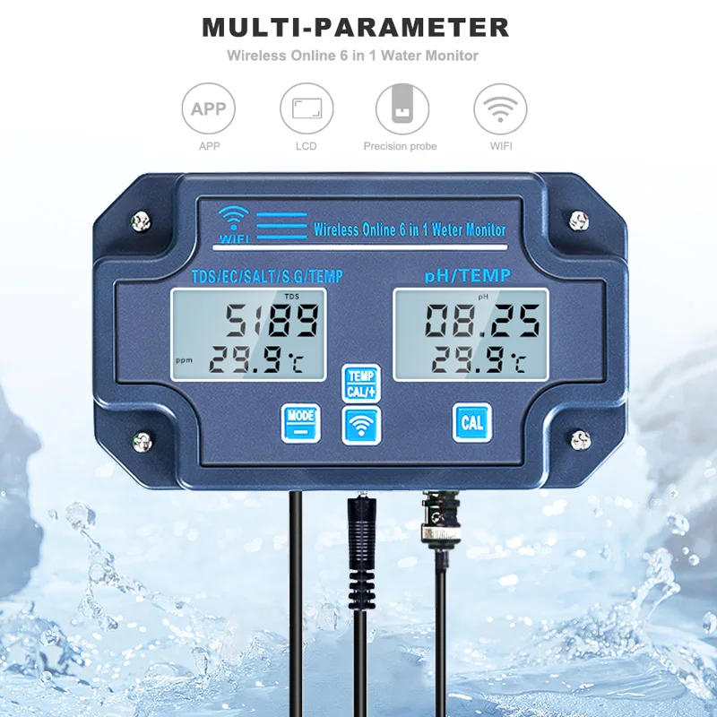 6 in 1 Wifi Water Quality Tester PH/EC/TDS/SALT/G.S/ Temp Meter Water Analyzer APP Online Remote Monitoring
6 in 1 Wifi Water Quality Tester PH/EC/TDS/SALT/G.S/ Temp Meter Water Analyzer APP Online Remote Monitoring