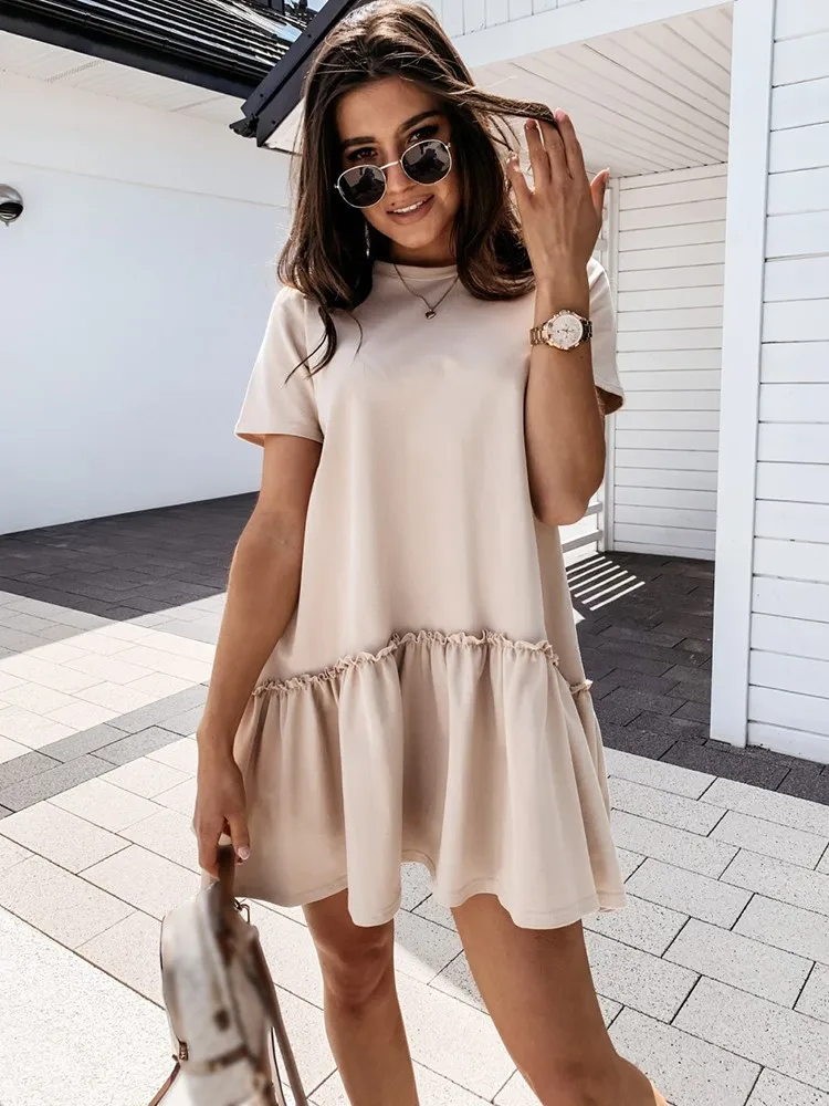 

Summer Loose Mini Dress Fashion O Neck Short Sleeve Casual Office Sweet Party Dresses For Women Robe Femme New Vestidos