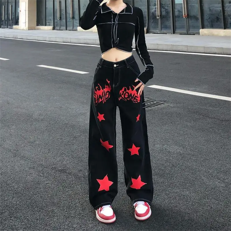 

Джинсы женские винтажные в стиле хип-хоп, модные брюки с завышенной талией и принтом звезд, прямые повседневные свободные штаны с широкими штанинами, черные красные