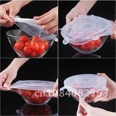 

6 Pieces Silicone Food Fresh-Keep Sealing Cap Reusable Food Packaging Cover Vacuum Stretch Silicone Lids Kitchen Silicone Cover