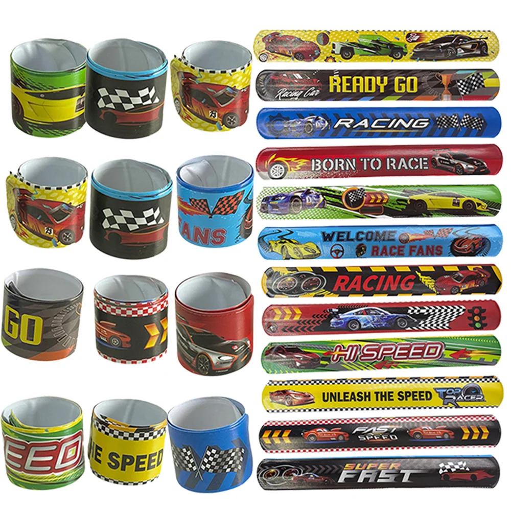 

12 Pcs Racing Car Slap Bracelets Kids Birthday Party Race and Speed Wristband Checkered Flags Bracelets Classroom Rewards