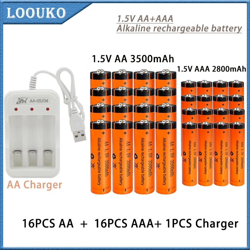 

LOOUKO 1.5V AA +AAA Alkaline Rechargeable Battery AA3500mAh/AAA2800mAh For Flashlights, Toys, Clocks, MP3 Players +USB Charger