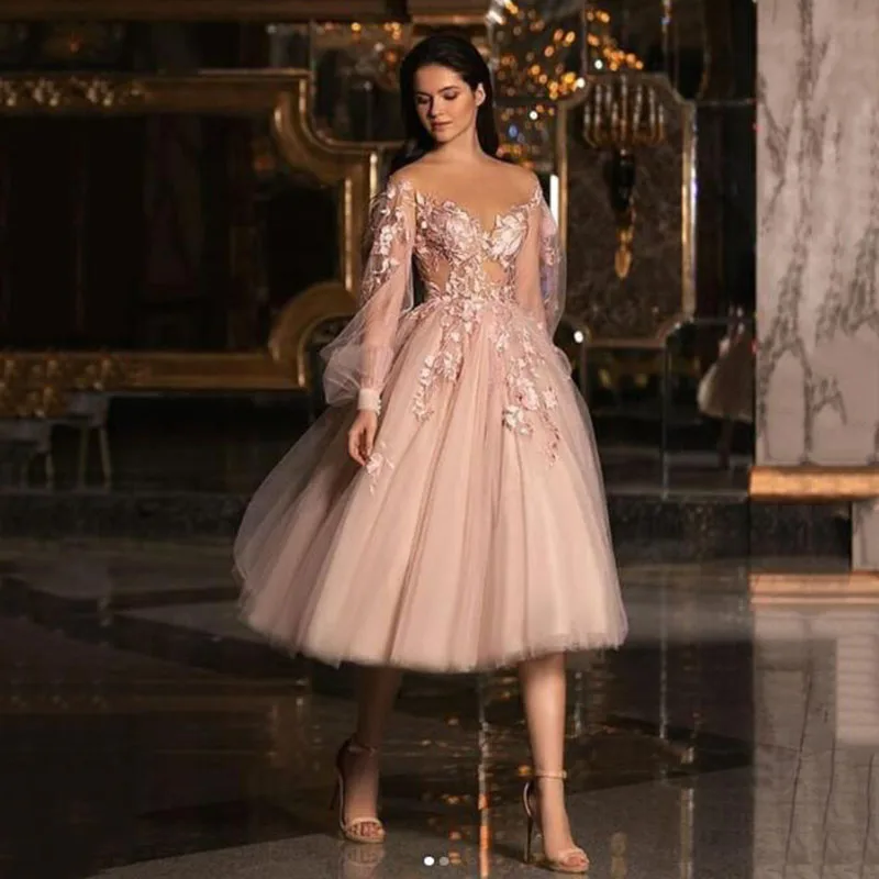 Tulle A Line Formal Evening Dresses Long Sleeves Lace Appliques Tea Length Wedding Party Dress Graduation Prom Dress
Tulle A Line Formal Evening Dresses Long Sleeves Lace Appliques Tea Length Wedding Party Dress Graduation Prom Dress