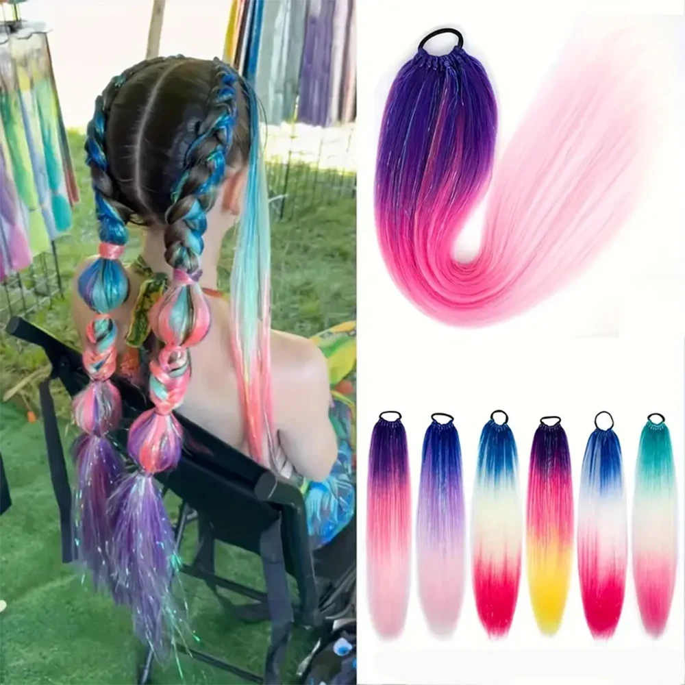

24inch Y2K Colorful Jumbo Ponytail Hair Extensions wig Synthetic Braiding rubber band rainbow shiny Cosplay Girls Hair Accessory