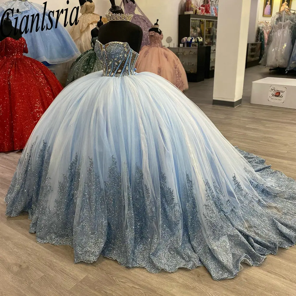 

Light Blue Strapless Beading Crystal Ball Gown Quinceanera Dresses Illusion Sequined Appliques Lace Corset Vestidos De 15 Años