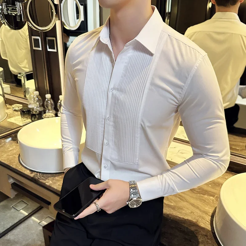 

2023 New Business Dress Shirt Men's Long Sleeve Splice Pleat Slim Casual Shirts Social Party Banquet Tuxedo Blouse Men Clothing