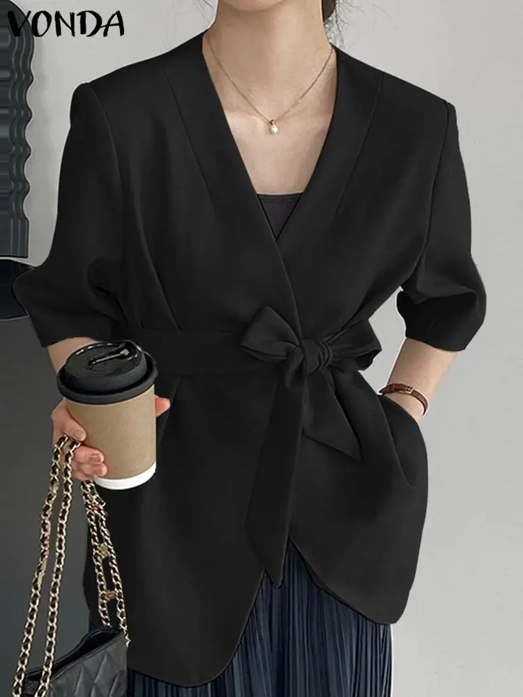 

Модные рубашки VONDA, Элегантный женский блейзер в офисном стиле, летние повседневные пальто с рукавом 3/4, однотонные топы с V-образным вырезом и поясом, уличная одежда 2023