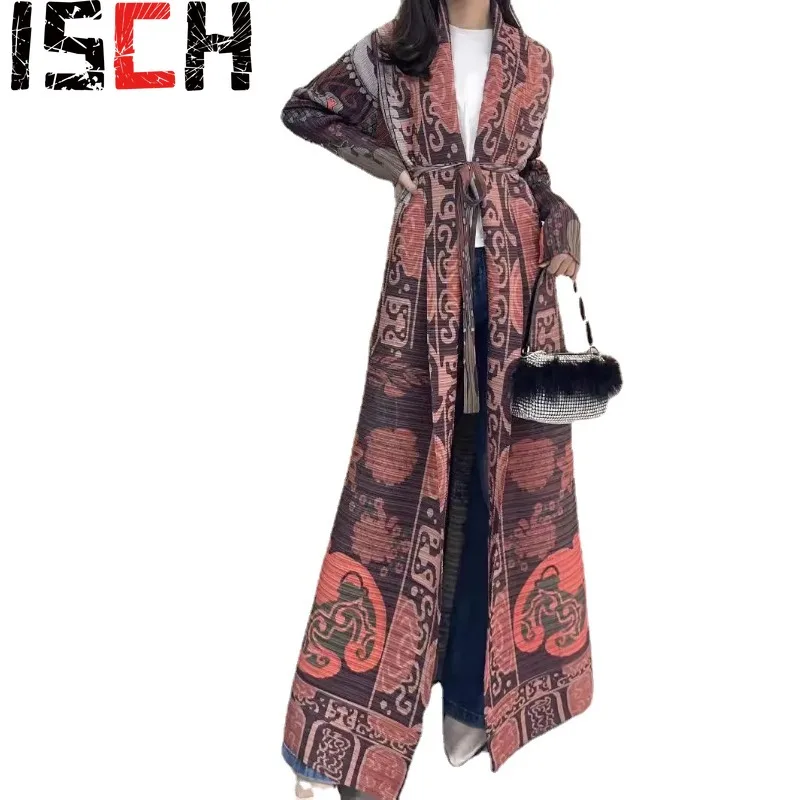 

Miyake Original Trench Coat Classical Print Pleated Fall Section 2024 Versatile Long-sleeved Coat Coat Cloak Women Clothing