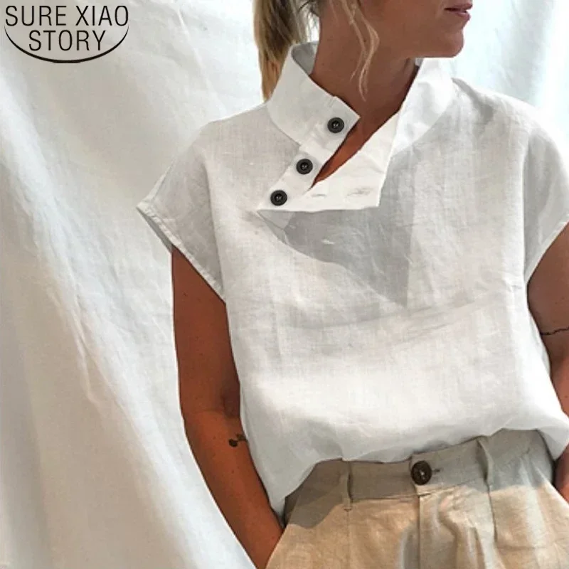 

Women Short Sleeve Blusas 2022 Summer Cotton Linen Shirts Fashion Oversized Blouses Casual Loose Camisas Solid Tunic Tops 18898