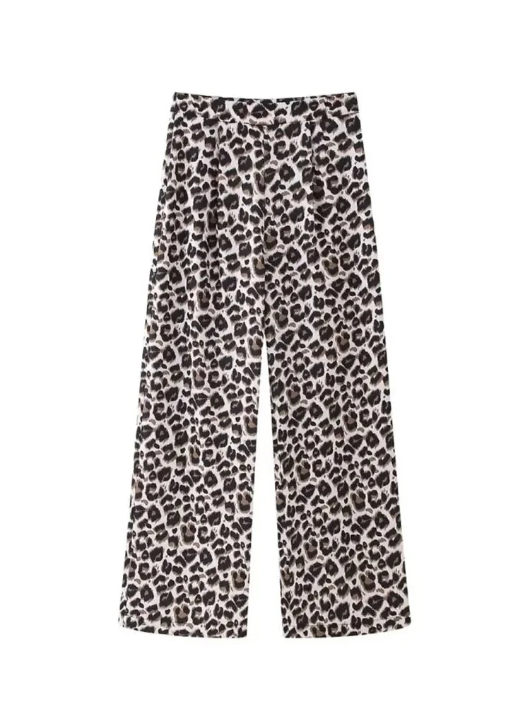 

HH TRAF Spring Elegant Woman Leopard Printed Long Pants Vintage High Waist Zipper Slim Trousers Female Wide Leg Casual Pants
