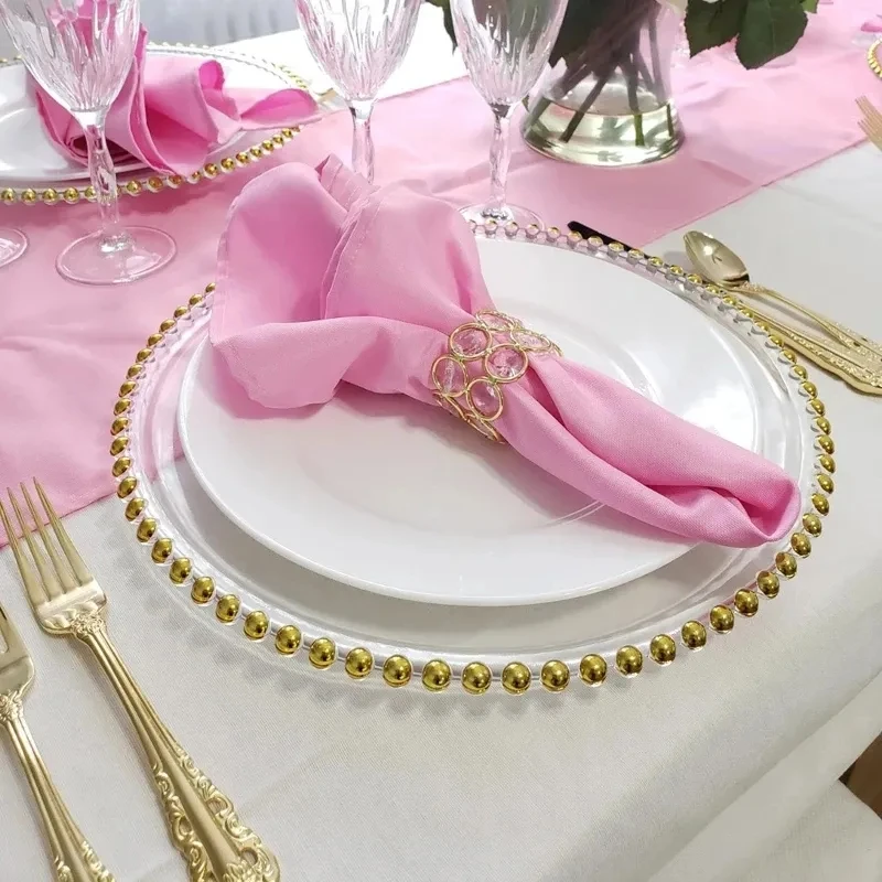 

100Pcs Wedding Xmas Party Decor Clear Charger Plate with Gold Beads Rim Acrylic Disposable Party Tableware