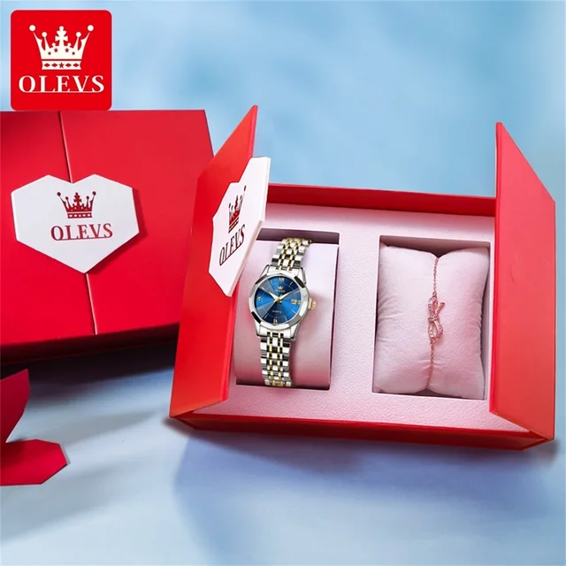 OLEVS-Montre à Quartz Étanche avec Bracelet en Acier Inoxydable pour Femme, Coffret Cadeau Original 1