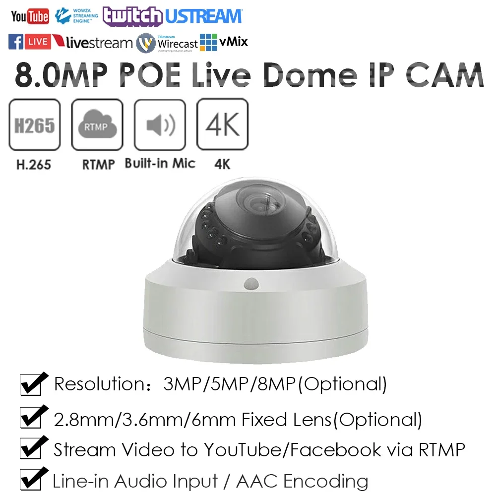 POE RTMP IP Camera 4K 8MP IMX415 for Live Streaming Push Video to Youtube/Twitter/Facebook Onvif Outdoor Indoor Motion Detection
POE RTMP IP Camera 4K 8MP IMX415 for Live Streaming Push Video to Youtube/Twitter/Facebook Onvif Outdoor Indoor Motion Detection