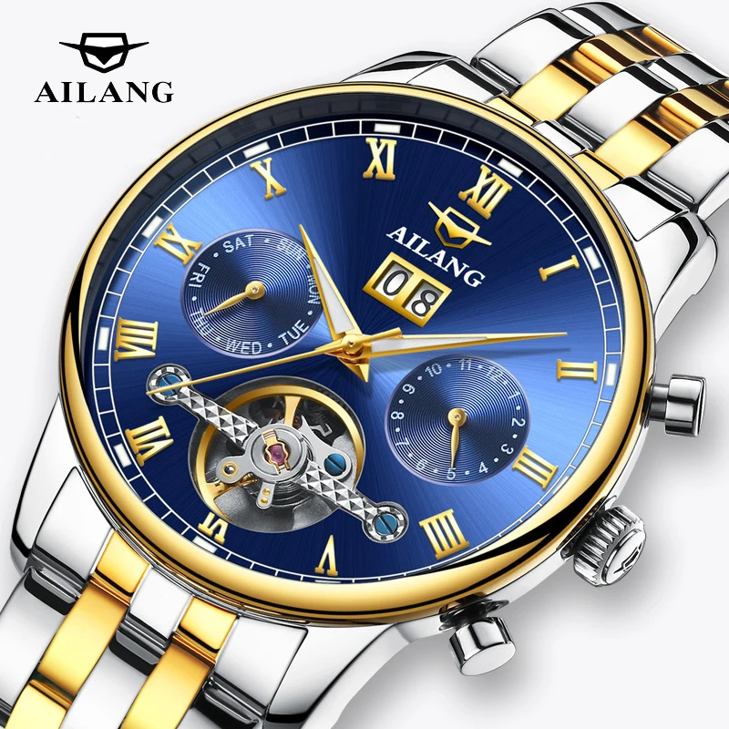

AILANG Mens Watches Top Brand Luxury Gold Stainless Steel Strap New Fashion Tourbillon Mechanical Watch Fully Automatic Clock