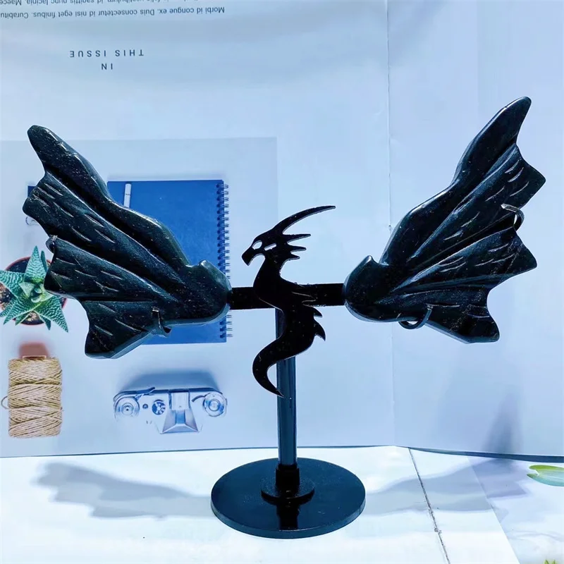 

Natural Crystal Black Obsidian Dragon Wings Carving Sculpture Quartz Healing Energy Gemstone Crafts For Home Decoration 1pair