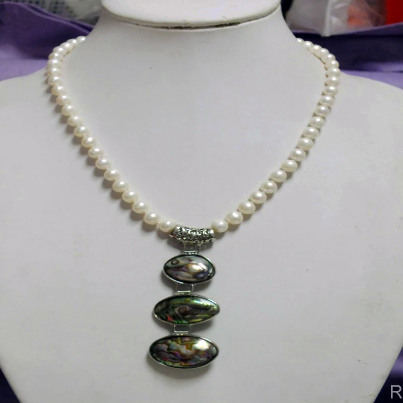 

Perfect !!! 7-8MM white AAA freshwater pearl + abalone shell pendant Classic necklace 19"