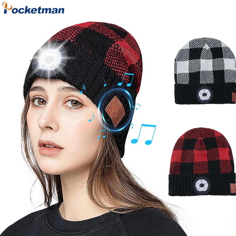 

LED Beanie Torch Hat Light Bluetooth Men/Women Hat Winter Warm Headlamp With 3 Brightness Levels 4 LED Outdoor Sport Knitted Hat