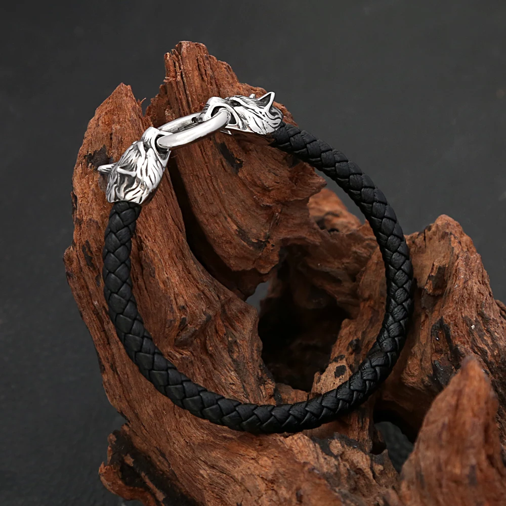 

Classic Vintage Stainless Steel Double Wolf Heads Bracelet for Men Boy Leather Braided Bangles Fashion Jewelry Gift Dropshipping