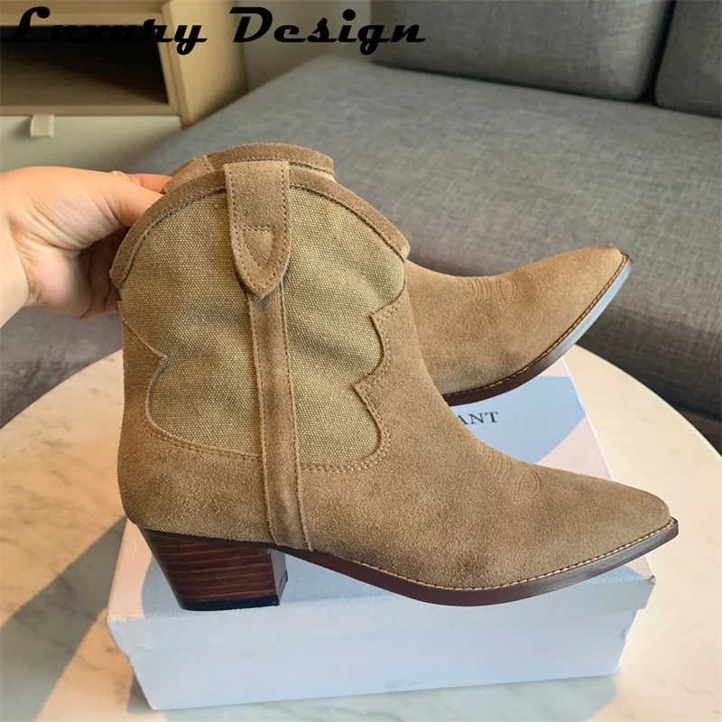 

Winter Classic Chelsea Boots for Woman Real Suede Pointy Toe Wedges Heel Ankle Boots Simple Comfortable Cowboy Boots Female