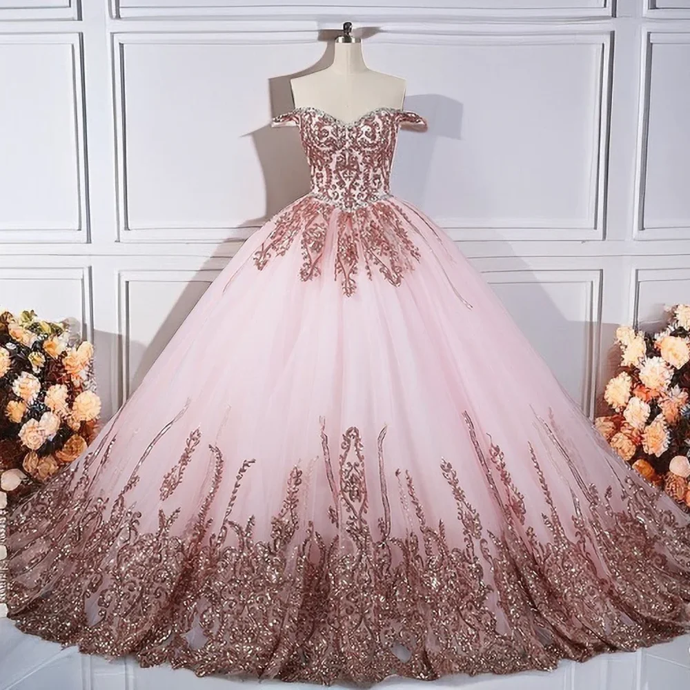 

Pink Off the Shoulder Appliques Wedding Dress Fashion Sweetheart Floor Length Ball Gowns Elegant Sweep Train Women Bride Dress