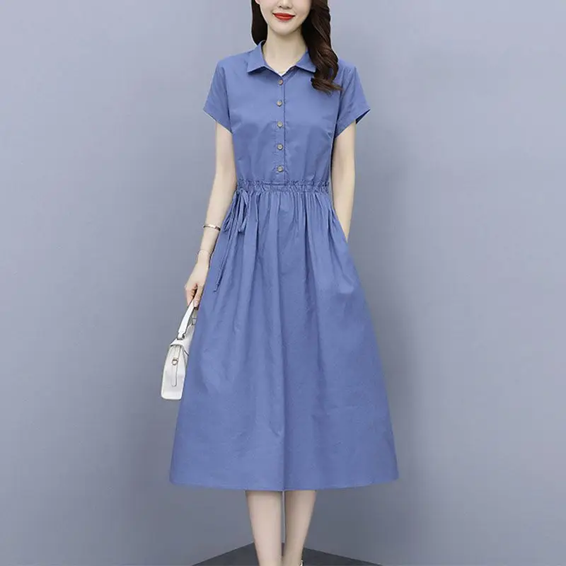 

Новинка 2024, однотонное модное женское осеннее платье с коротким рукавом, хлопковое льняное офисное женское платье для работы, весеннее платье для отдыха L118