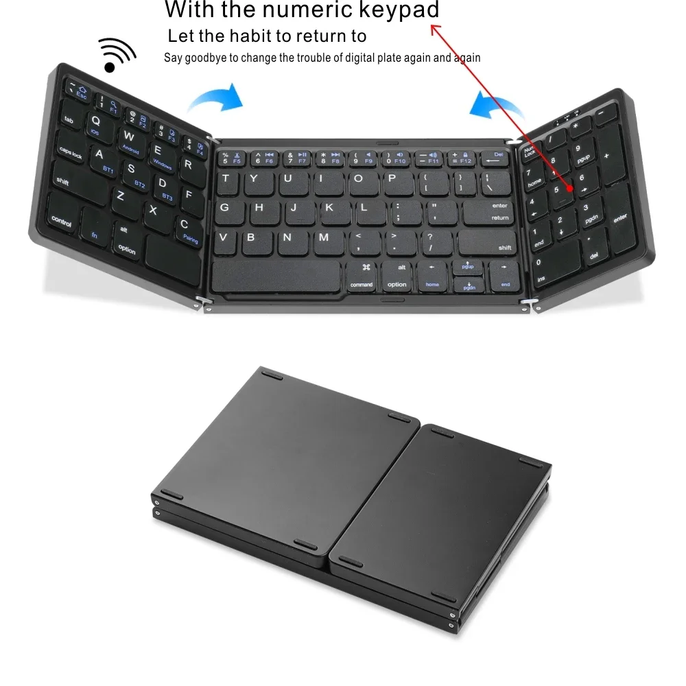 

3 folding keyboard wireless bluetooth numeric keypad can be triple folded and rechargeable for IOS Android Windows ipad tablets