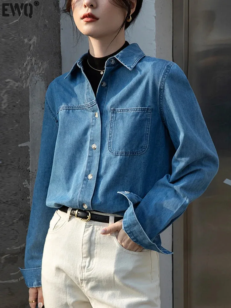 

Женская джинсовая рубашка с длинным рукавом [EWQ], белая однобортная Повседневная рубашка с длинным рукавом, свободного покроя, в винтажном стиле, 16U7931, весна-осень 2024