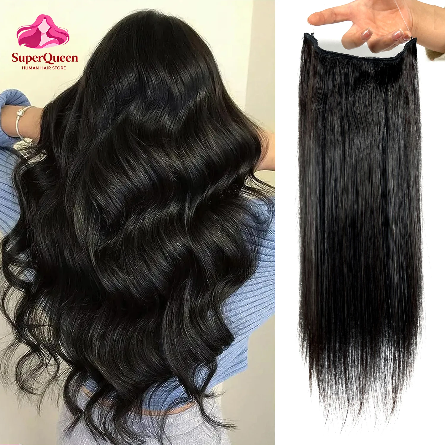 Straight Hair Clips Halo Hair Extensions Remy Human Hair Clip In Hair Extensions 26 Inch #1B One Piece Hair Wire Hair Extensions 35 S99ac34e670754add8086b387eead47250