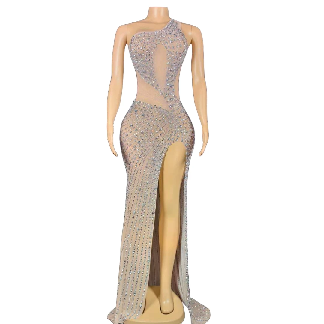 

Sheer Mesh Silver Rhinestone Long Dress For Women Vegas Showgirl Crystal Birthday Party Singer Performance Drag Queen Costume