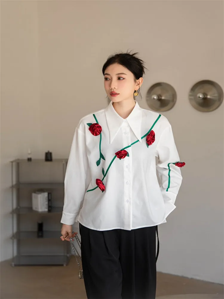 Spring Designer French Three-Dimensional Rose Flowers Long Sleeve Shirt Tops Women Lapel Single Breasted Casual Loose Blouses
Spring Designer French Three-Dimensional Rose Flowers Long Sleeve Shirt Tops Women Lapel Single Breasted Casual Loose Blouses