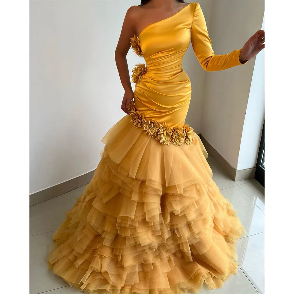 

One-Shoulder Full Sleeves Prom Gown Tiered Tulle Ruffle Mermaid Party Dress Pleat Flowers Evening فساتين للحفلات الراقصة