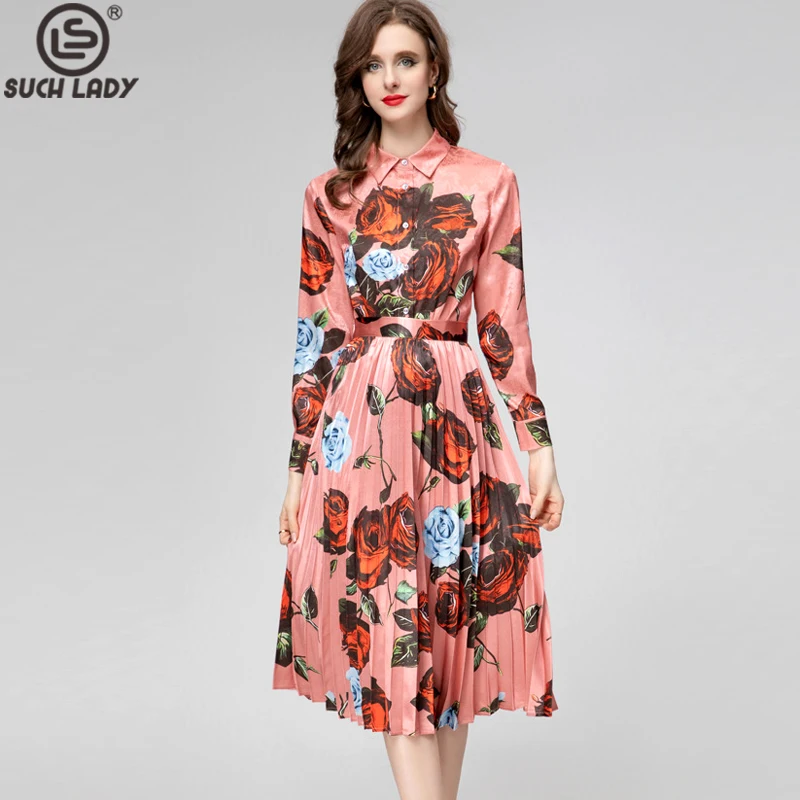 

Women's Runway Designer Two Piece Dress Turn Down Collar Long Sleeves Printed Dobby Shirt with A Line Skirt Twinset Sets