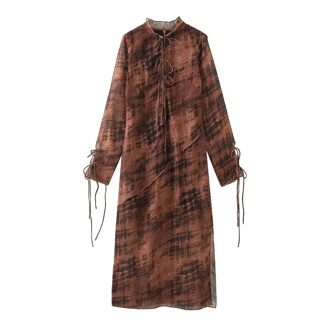 

TRAF Printed Long Dresses For Women 2023 Vintage Round Neck Tied Robe Dress Sexy Semi-Sheer Long Sleeve Dresses Autumn Vestidos