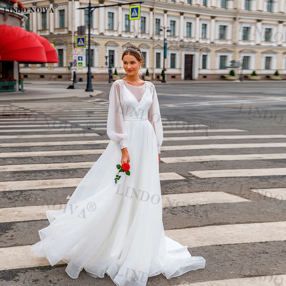 

LINDO NOIVA Simple Organza Boho Wedding Dresses Sheer Long Sleeves Appliques A Line Bridal Gowns Sweep Train Vestido De Noiva