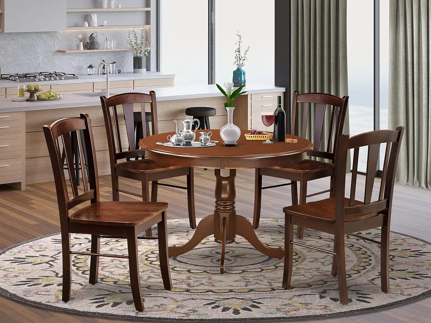 East West Furniture HLDL5-MAH-W 5 Piece Kitchen Table Set for 4 Includes a Round Dining Table with Pedestal and 4 Dining 
East West Furniture HLDL5-MAH-W 5 Piece Kitchen Table Set for 4 Includes a Round Dining Table with Pedestal and 4 Dining