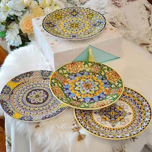 Italian Exotic Under Glaze Colored Household Ceramic Western Food Plate Creative Restaurant Flat Plate Bohemian Style Dish Set