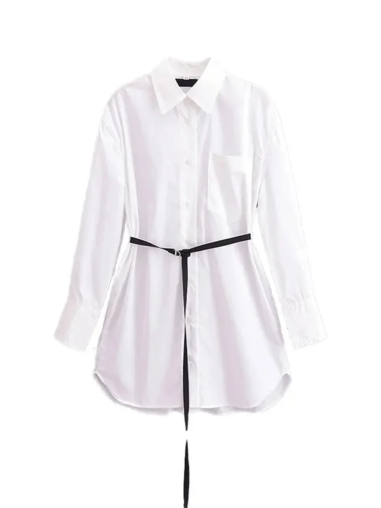 

HH TRAF 2024 Spring Women Fashion Loose Blouses with Belt Casual White Long Sleeves Shirt Top Buttons Female Elegant Lapel Shirt