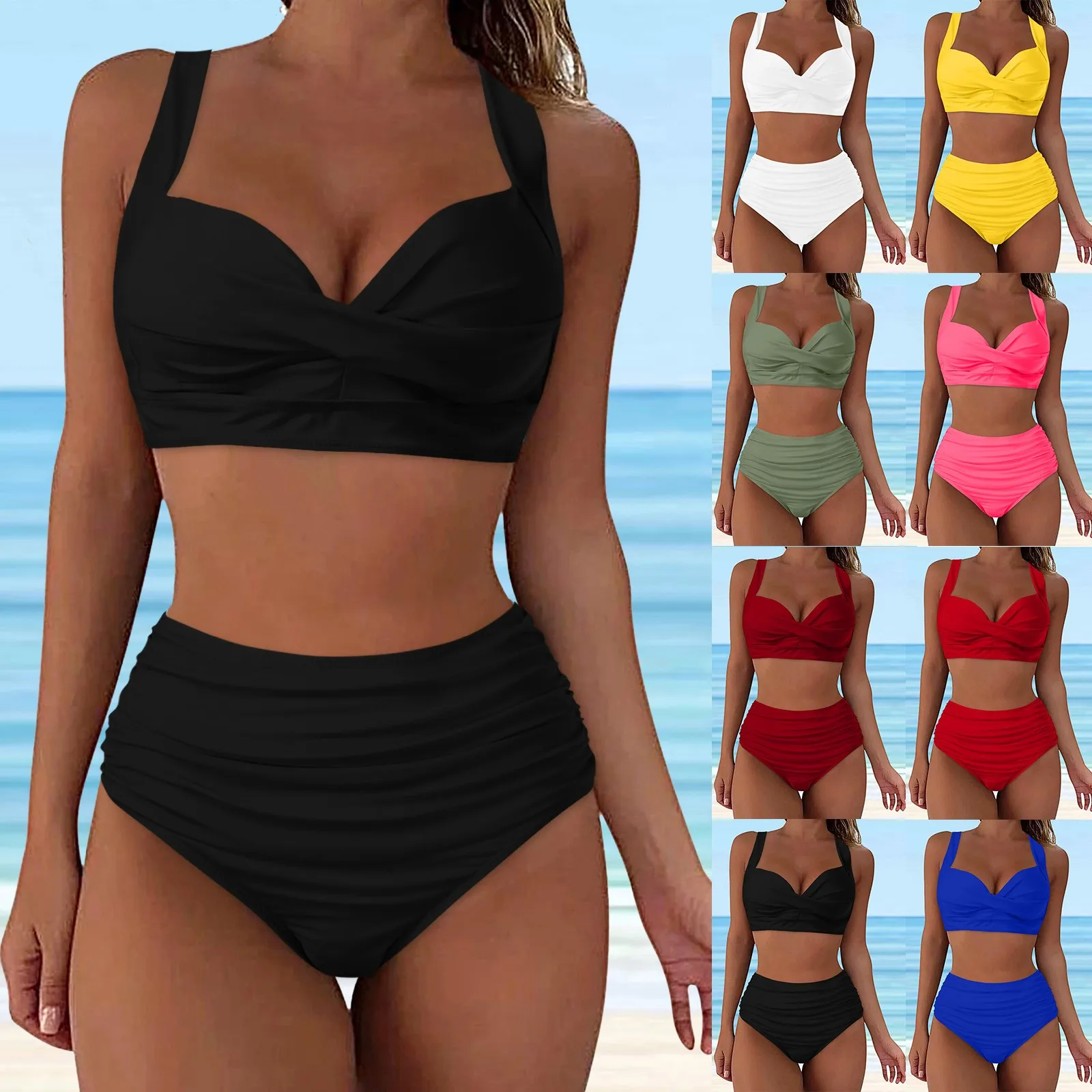 

Solid Colors Womens High Waisted Bikini Push Up Vintage Swimsuits Halter Top Tummy Control Ruched Bottom Two Piece Bathing Suits