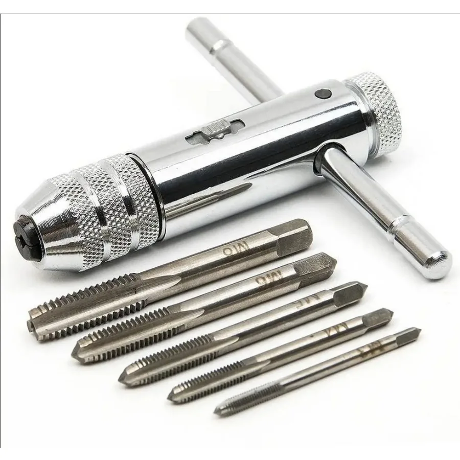 

Adjustable Silver T-Handle Ratchet Tap Holder Wrench with 5pcs M3-M8 3mm-8mm Machine Screw Thread Metric Plug T-shaped Tap