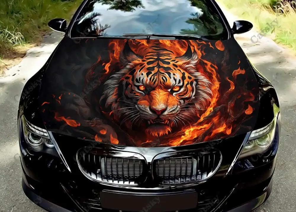 

Angry Tiger With Flames Car Hood Vinyl Stickers Wrap Vinyl Film Engine Cover Decals Sticker on Car Auto Accessories