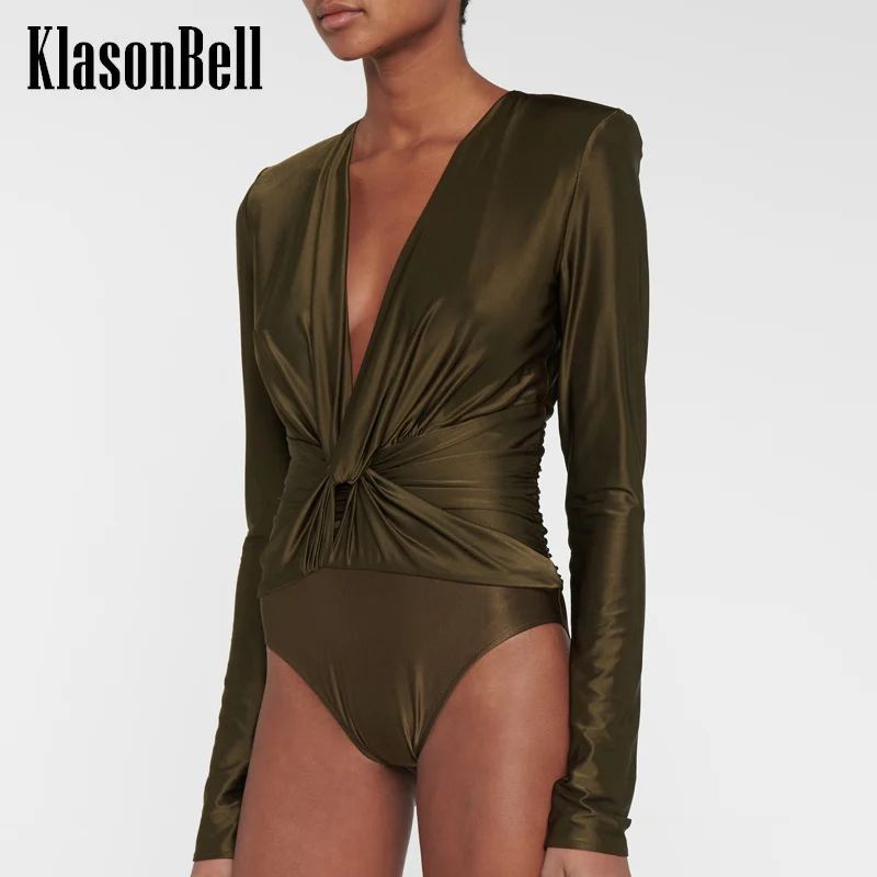 

2.1 KlasonBell Temperament Shoulder Pads Criss-Cross Ruched Sexy Deep V-Neck Bodysuit Long Sleeve Top Women Clothes Playsuit