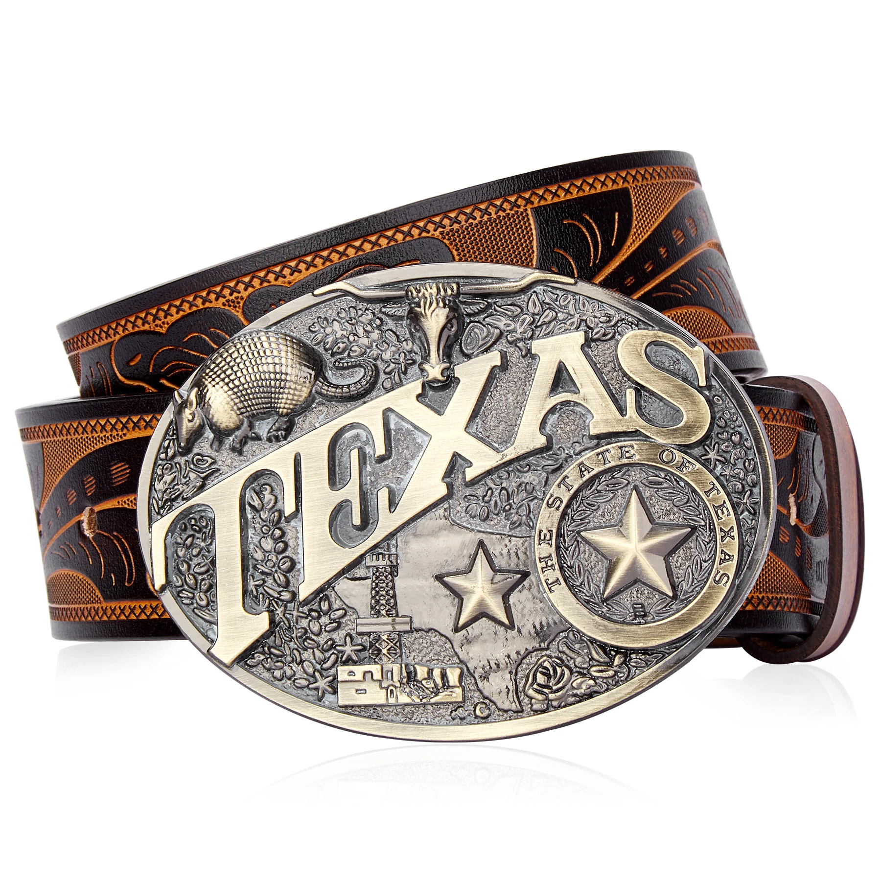 

Men's Western Embossed Belt Golden Cowboy Longhorn Bull Pattern Floral Engraved Buckle Men Belts Luxury Designer Leather Strap